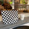 New BSCI Bulk Custom Design Logo Golden Pattern Soft Luxury Women Toiletry Travel Cosmetic Bag Chessboard Print Makeup Bag
